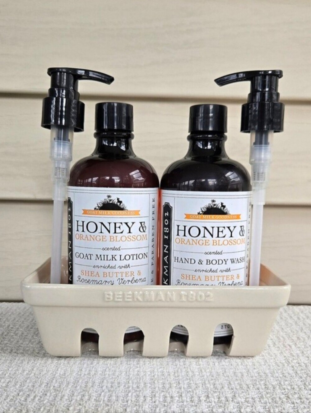 Beekman 1802 Honey & Orange Blossom Goat Milk Lotion & Hand & Body Wash w/caddy